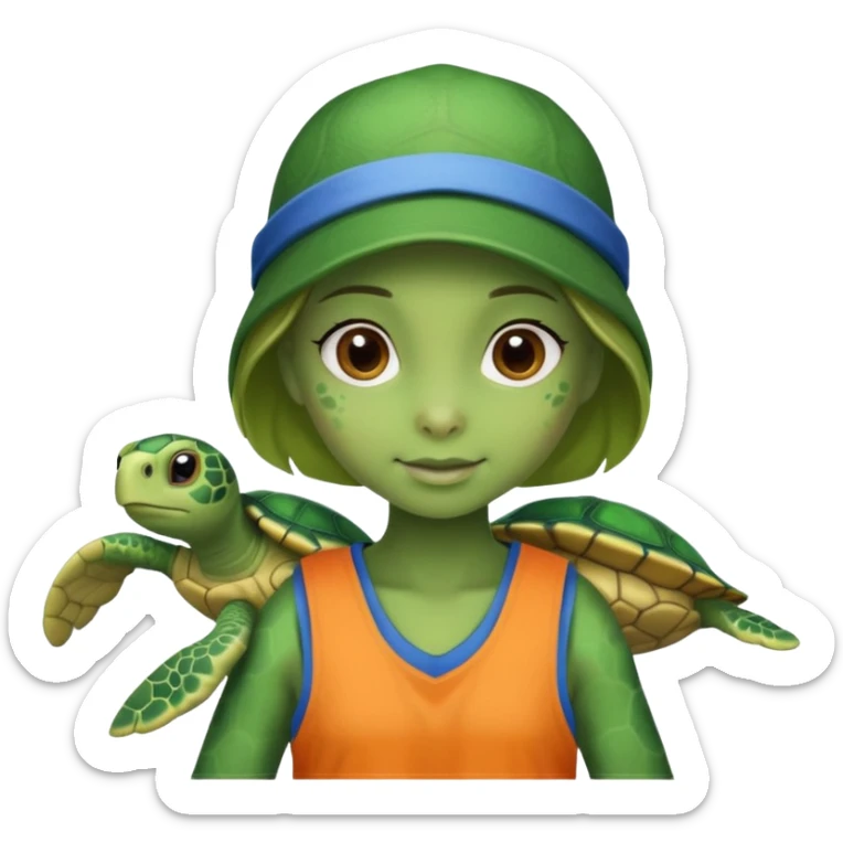 Haz una tortuga bonita, que sea niña, con ropa como si estuviera haciendo voluntariado, que Rea presente la limpieza de playas y el de refugio de animal sticker