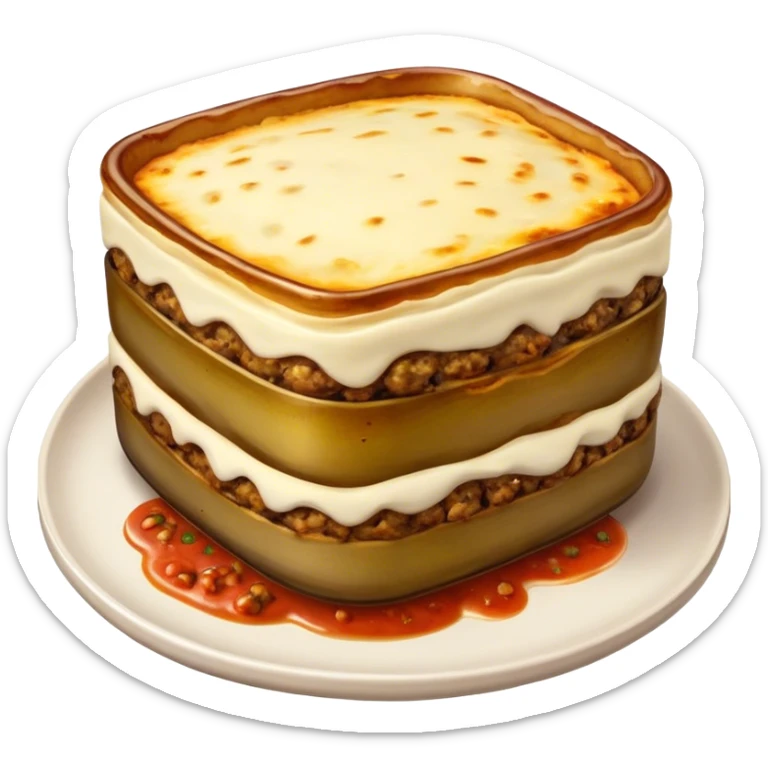 Cinematic Realistic Moussaka Dish Emoji, depicted with layers of eggplant, minced meat, and b√©chamel sauce rendered with rich textures and warm, inviting lighting that captures its Mediterranean flavor. sticker