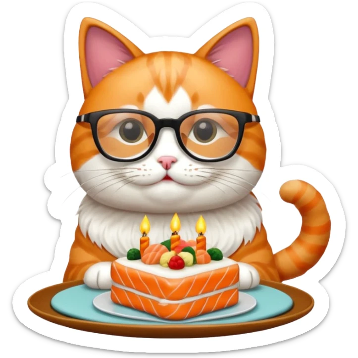 cat with cool square shaped glasses eating a birthday cake made out of sushi sticker