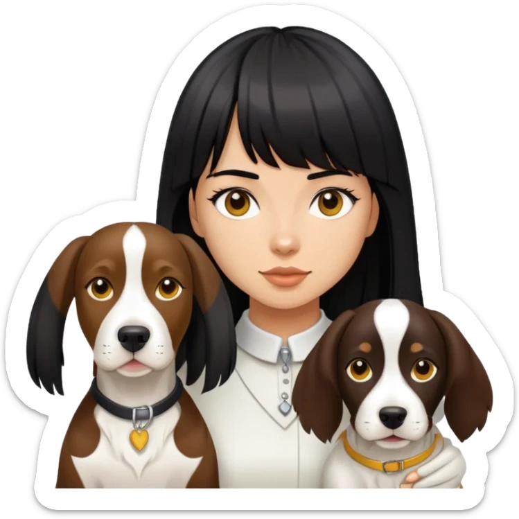 girl with long black  straight bangs hair and tococo a Springer dog  and yellow bull terrier sticker