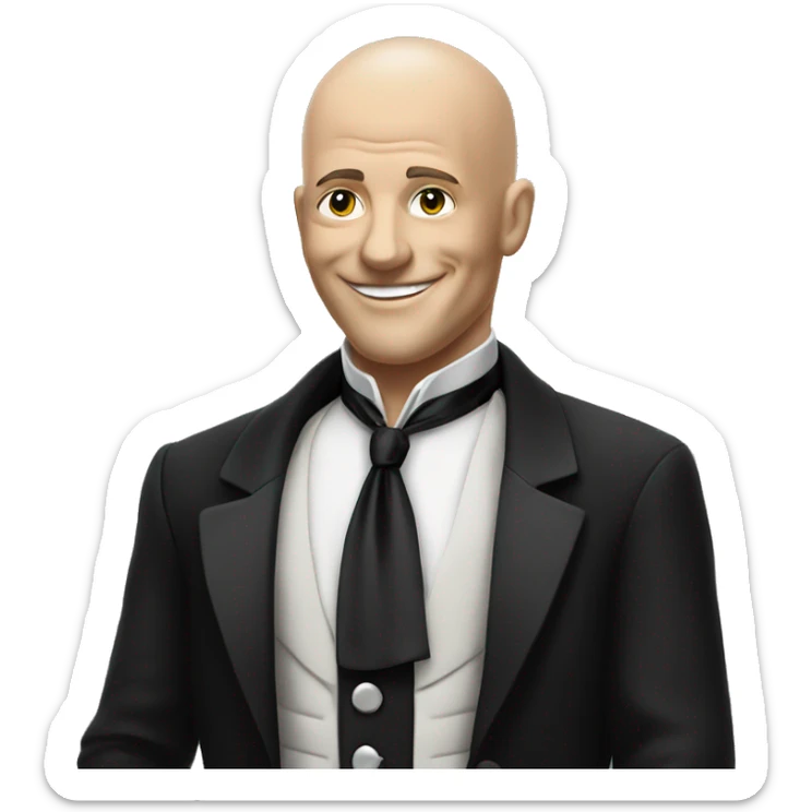 smiling bald man portrait monochrome with cash in hand and wearing a tuxedo sticker