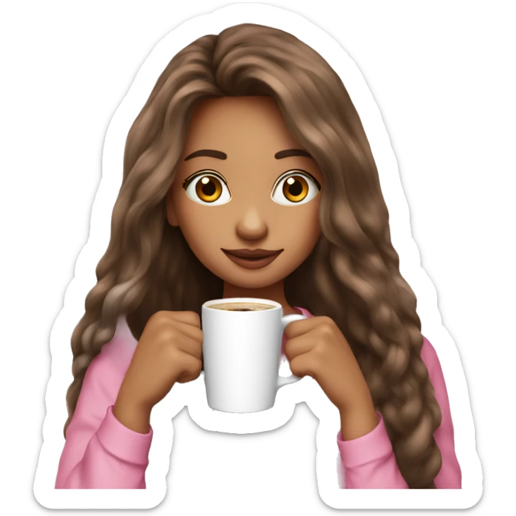 Very long hair pretty girl sipping coffee pink shirt sticker