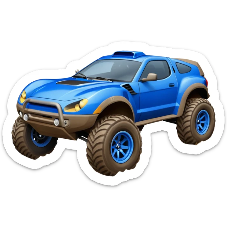 Dirty Midnight-blue Local Motors Rally Fighter off road race car after jumping over a dirt ramp  sticker