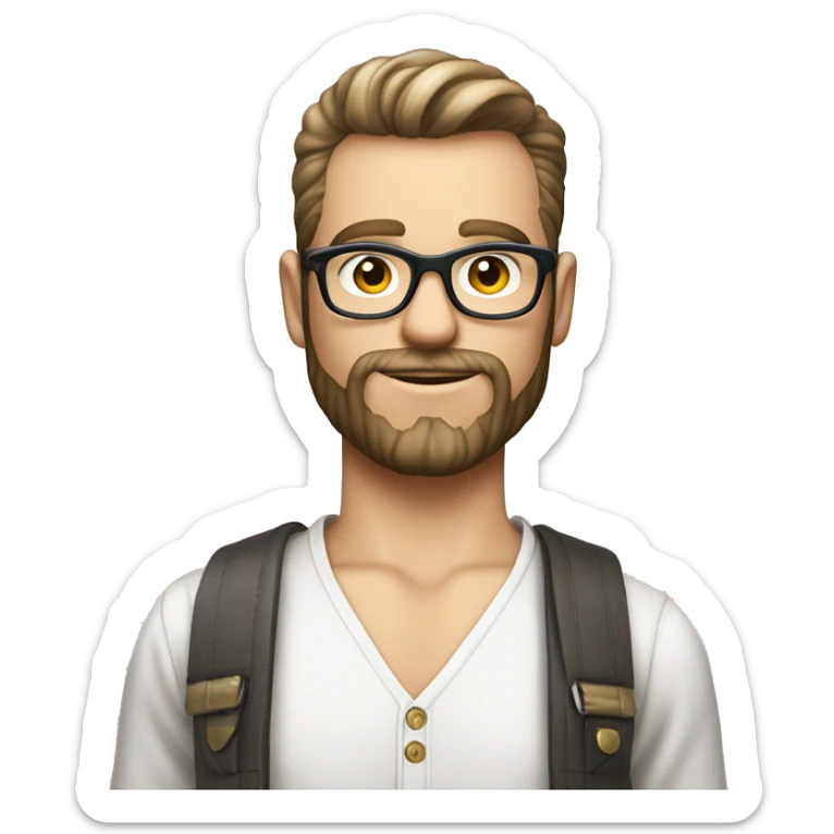 Homme blanc 20 ans avec cheveux rasé, petite barbe, chemise blanche, lunette de soleil grise prada  sticker