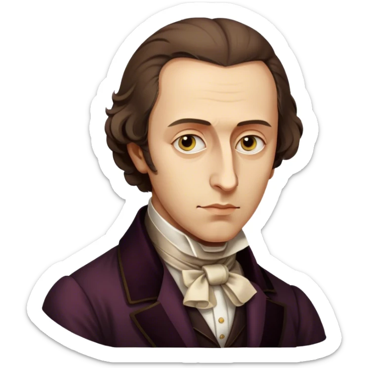 Cinematic Realistic Chopin Portrait Emoji, depicted as an introspective composer with expressive eyes and period attire, rendered with rich textured detail and soft classical lighting that captures his emotive musical genius. sticker