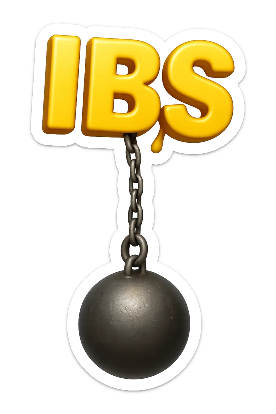 emoji stile iphone della parola "IBS" sospesa in aria con zavorra attaccata sotto che la fa cadere per il peso, iperrealistico 4k sticker