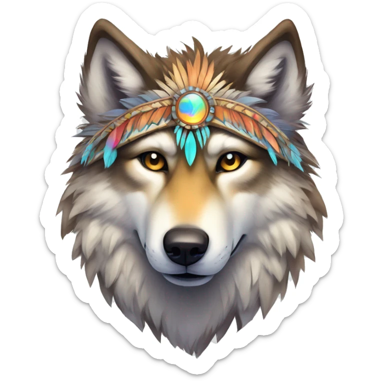 Fluffy Shy Colorful Spiritual Shamanic Wolf With Shiny Tribal Markings wearing feathers Full Body sticker