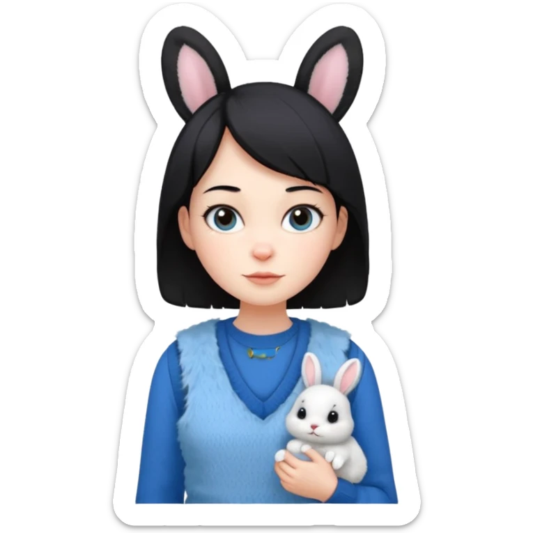 make a girl hair short black and wear bunny skin pale ok and wear Sweater vests blue and make little bit a younger sticker