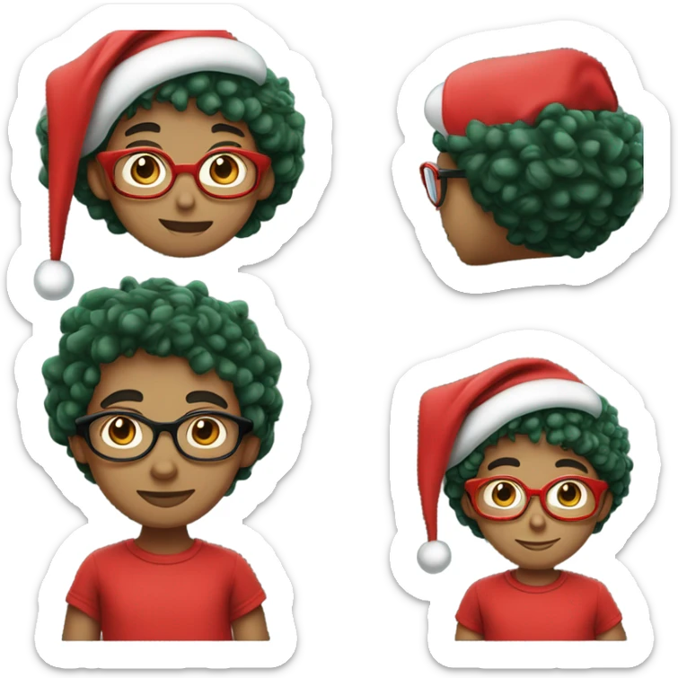 Unisex person ’light skin’ ’short curly dark green hair’ in a ’red Santa hat’ and black tshirt and round glasses  sticker
