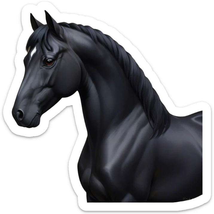 Cinematic Noble Black Horse Portrait Emoji, Poised and regal, with a strong, athletic build and a sleek, well-groomed jet-black fur, deep-set soulful dark eyes, Simplified yet sharp and sophisticated features, highly detailed, glowing with a soft, dignified glow, high shine, intelligent and commanding, stylized with an air of mysterious grace, focused and attentive, soft glowing outline, capturing the essence of a watchful and confident steed, so majestic it feels as though it could gallop out of the screen with effortless authority! sticker