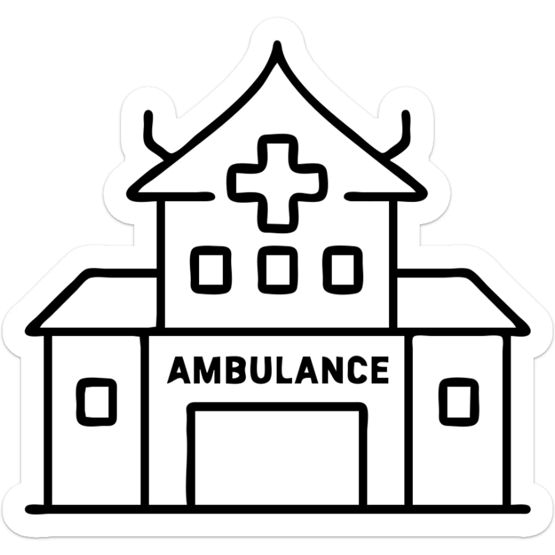 Modern hospital in Bangkok with ambulance entrance and Thai architectural elements sticker