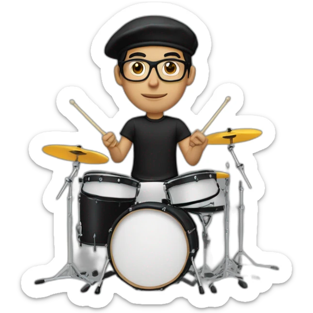 drummer, man, caucasian, black hair, wearing a black beret, glasses, and black t-shirt, play drum sticker