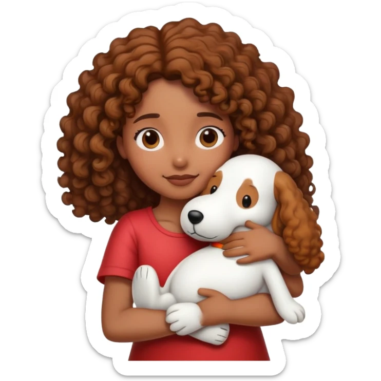 Girl with brown skin and curly hair hugging snoopy sticker