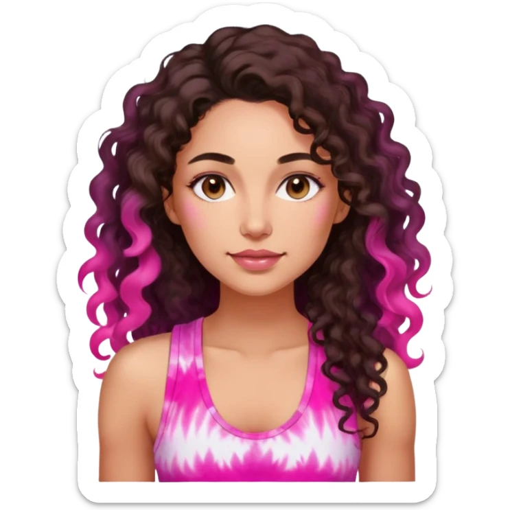 Woman in her 30s with luminous skin, long defined dark brown curls, large brown eyes, full lips with natural pink color, wearing bright pink tie-dye tank top, nurturing warm expression sticker