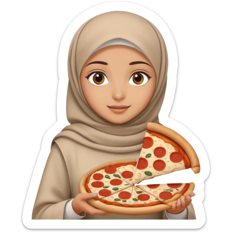 Turkish beautiful finish Konya girl eyes with beige hijab islamic dress and had on her hand pizza sticker
