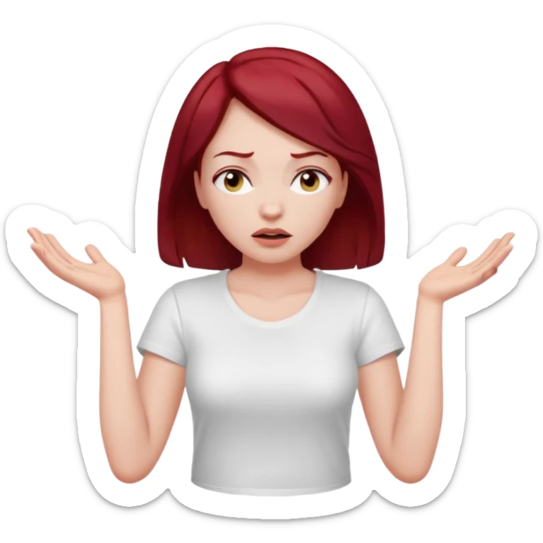woman shrugging, eyes closed, white t-shirt, dark red hair sticker