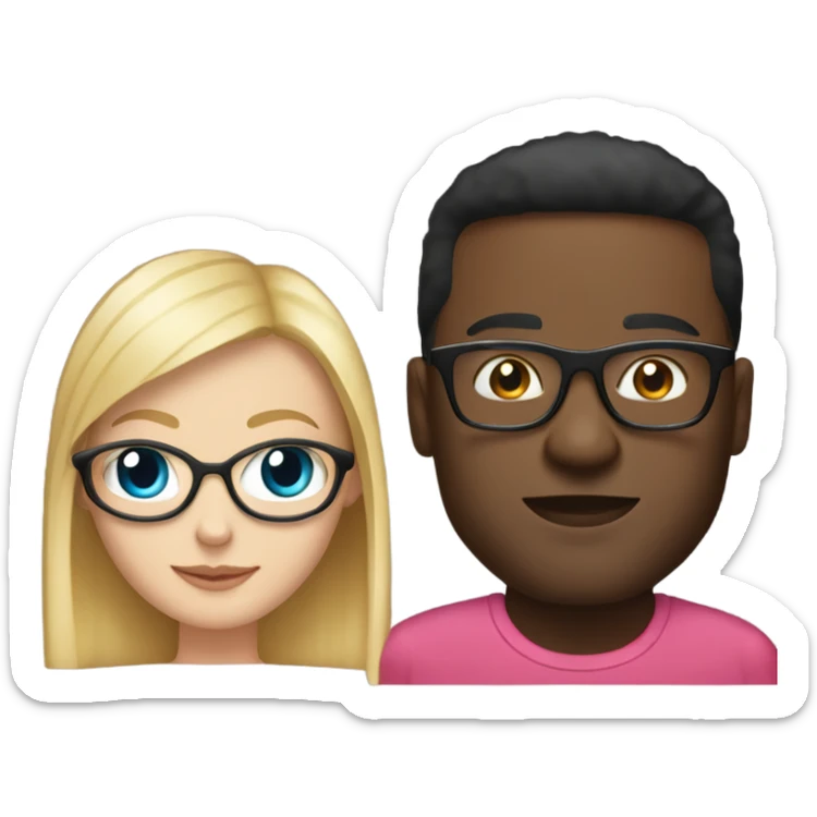 White woman with long blonde hair wearing a pink dress and diamond necklace next to a black guy with glasses wearing a red shirt sticker
