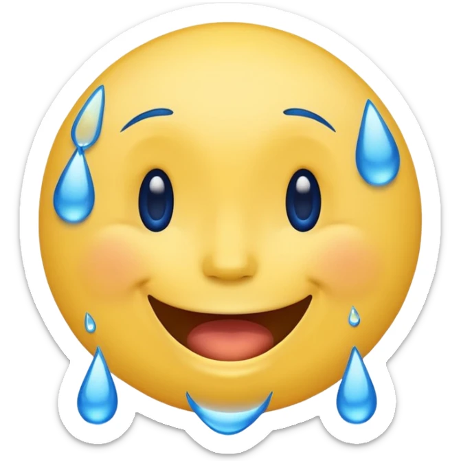 Emoji, yellow round laughing face, blue tears of joy on it. 2 big blue tears on each of the 2 cheeks sticker