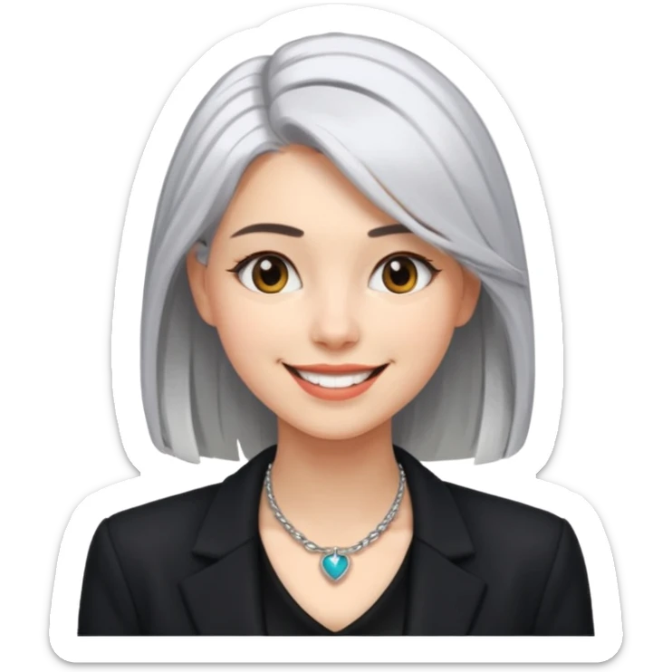 young fashionable woman, shoulder-length silver hair, wearing a blazer and statement necklace, playful smile sticker