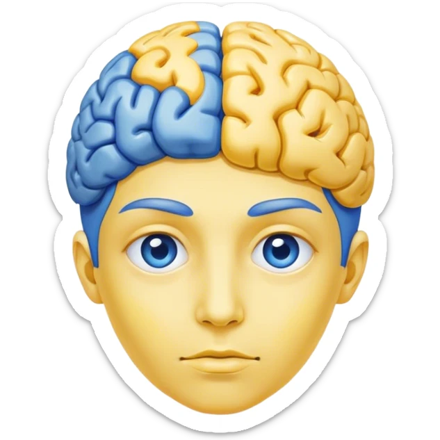 A real person face emoji, skin is emoji yellow, with blue brain instead of hair sticker