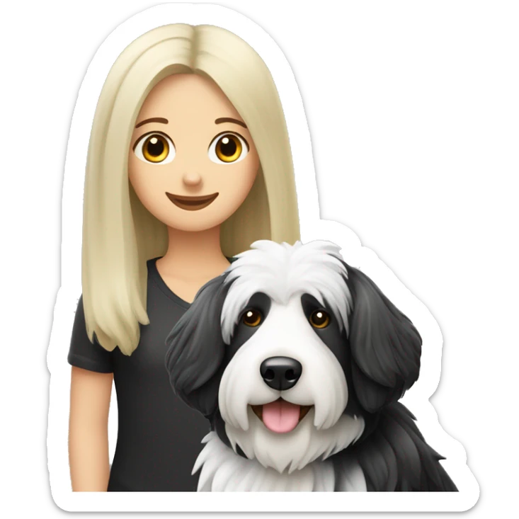 Old english black and white sheep dog with blonde girl sticker
