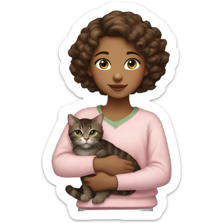 Dark Brown loose curly hair thats chest length light brown tan skin dark grey eyes young, holding only one dark brown tabby cat with white muzzle chest and paws and cat has yellowy green eyes. the girl wears a light pink sweater Simplified sticker