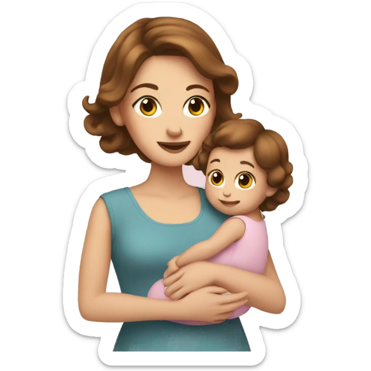 White woman with brown hair holding a baby girl with bow in hair sticker