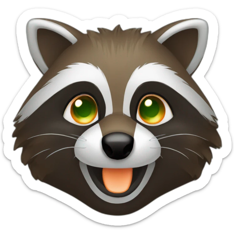 brown raccoon with orange eyes and a dark green hood that is smiling sticker