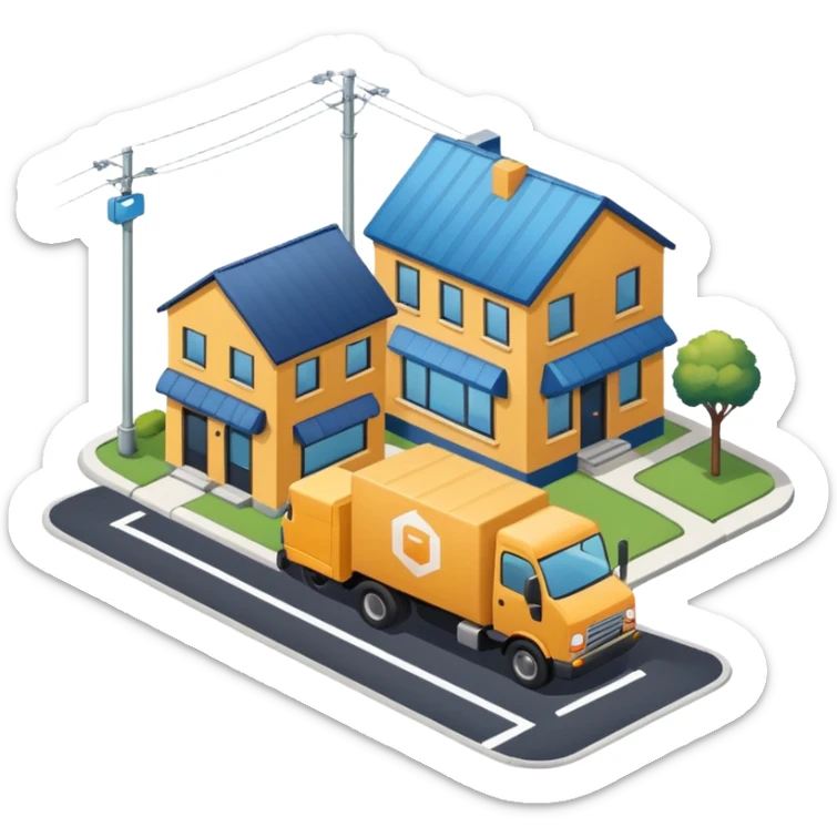 top view of a truck, a package, a residential house, and an industrial company side by side, all connected by street lines, clear symbols, friendly colors, neutral background sticker