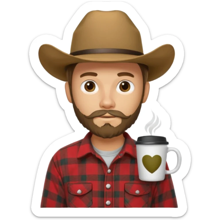 generate an ios genmoji of a 20 year old tan boy with a cowboy hat and mutton chop beard. Wearing a flannel and carrying a coffee mug sticker