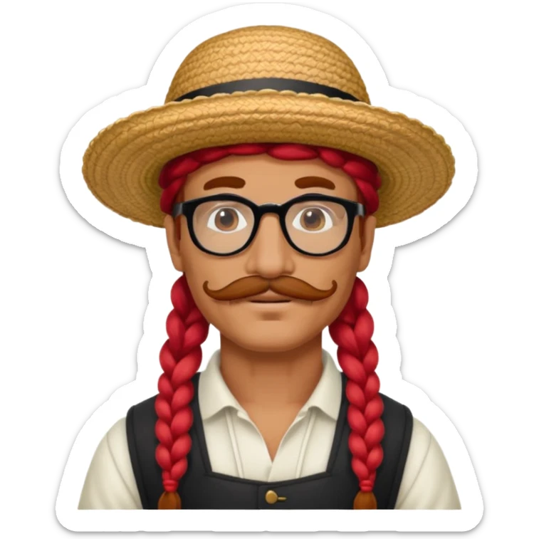 venice gondolier with long red braided hair, iconic hat, normal glassess and mustache sticker