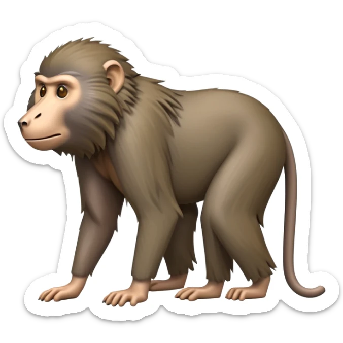 cinematic-hairy baboon-full-body-standing on all fours-emoji,-head-tilted-dramatically,-thick-grey-and-brown-fur,-simplified-yet-realistic-focused-features,-highly-detailed,-glowing-with-an-almost-sarcastic-glow sticker