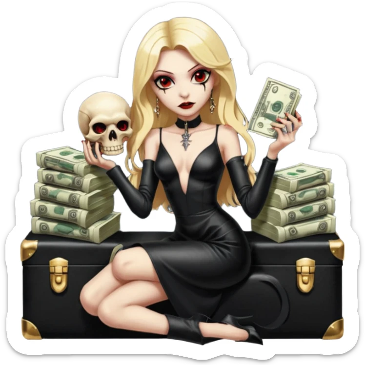 Lilith symbol red eye seductress evil shoulder length blonde haired sexy succubus woman with leather long dress with slit, sitting on a case of gold and cash. Black Platform high heels on feet. Tattoo sleeve arms, seat full of stacks of cash,  dead human skull of her enemies in her other hand sticker
