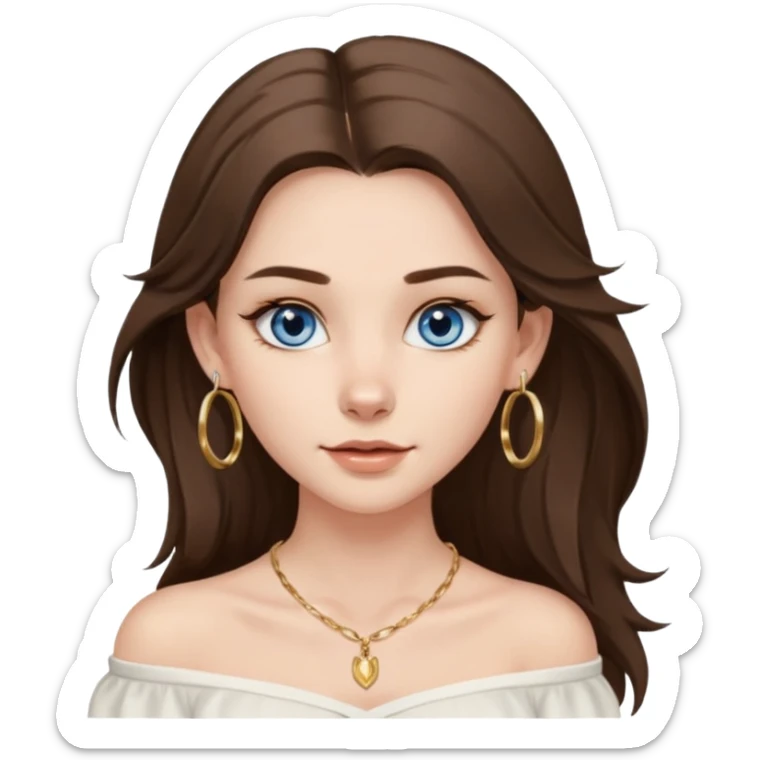 A pretty white girl with brunette hair blue eyes  thin gold hoop earrings and a matching gold necklace in a white shirt that cuts off the shoulders her hair is long and she has a wolf cut sticker