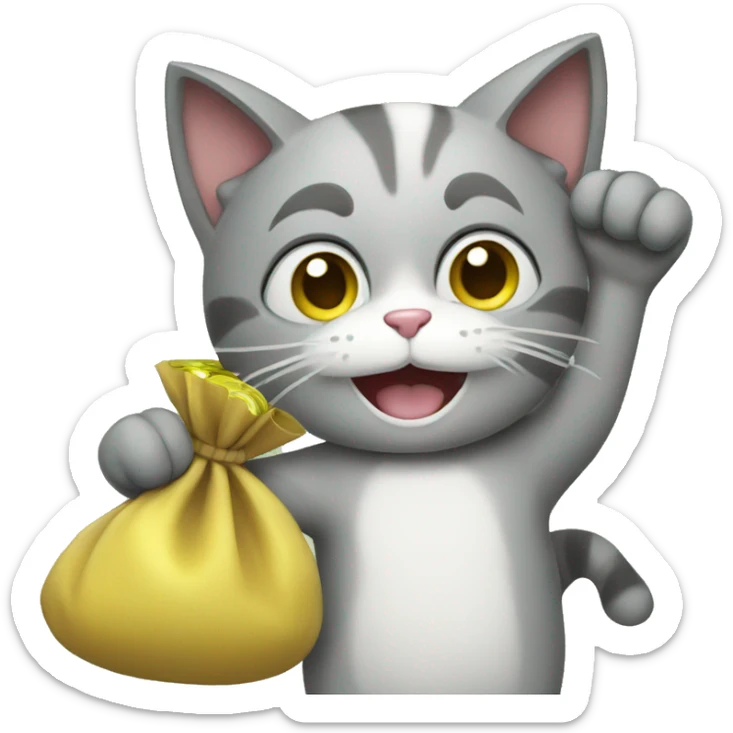the cat waves its paw and holds a bag of money sticker