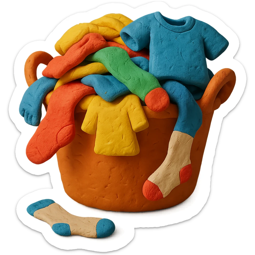 overflowing laundry basket, mix of socks and t-shirts, playful look, claymation style sticker