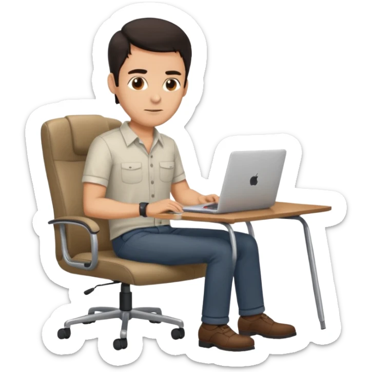 Rich man sitting on a chair, working at desk with laptop in office, in shirt, dark hair, he is german very beautiful looks like, full body view sticker