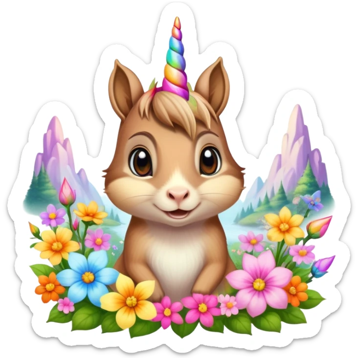 Picture of a chipmunk and very pretty unicorn in mystical land sticker