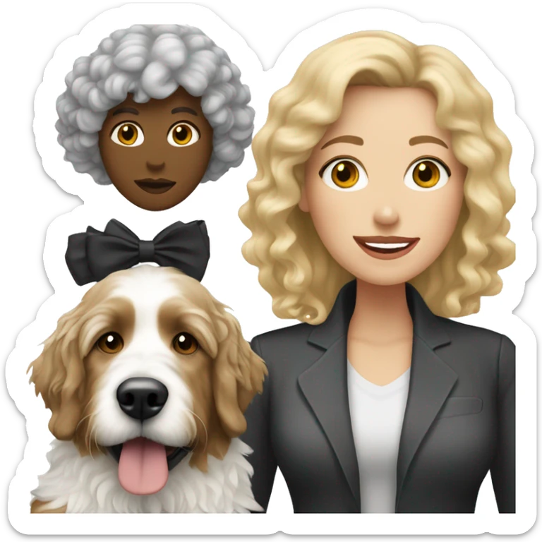 white woman with blonde hair with a large black and white bernedoodle sticker