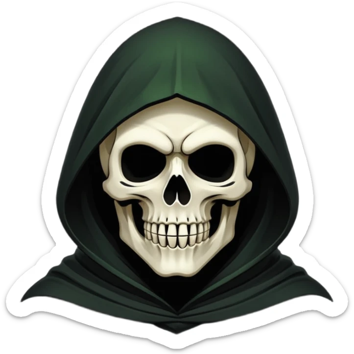 Icon of the Grim Reaper's face. His skull is stylized, his hood is tattered. He is [например: winking with a sly grin]. Clean, flat vector art, high contrast. Stylized as a modern logo or a medieval woodcut. Strictly black and white with one accent color like dark moss green or deep crimson.  sticker