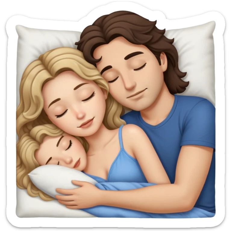 Man with dark brown wavy hair and woman with long dark blonde hair in bed cuddling and sleeping  sticker