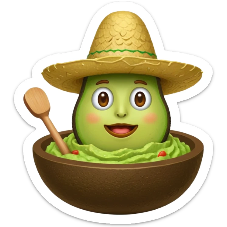 avocado sitting in a bowl of guacamole, wearing a sombrero, with a mallet floating above its head like in whack-a-mole, iOS emoji style sticker