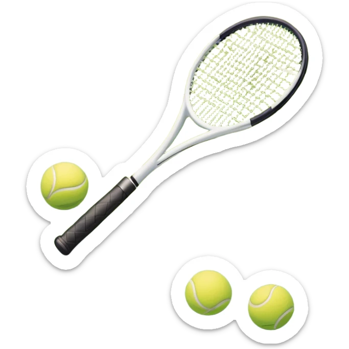 A tennis racket and ball placed on the grass court, with the lines of the court clearly visible in the background. The scene captures the essence of the sport, highlighting the equipment and the vibrant, open atmosphere of a tennis match sticker