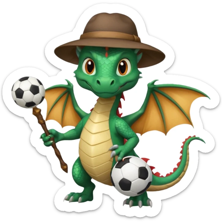 ein Drache mit einem Zauberstab in der Hand  und einem Hud  auf dem kopf und ein Fussball in der anderen hand sticker