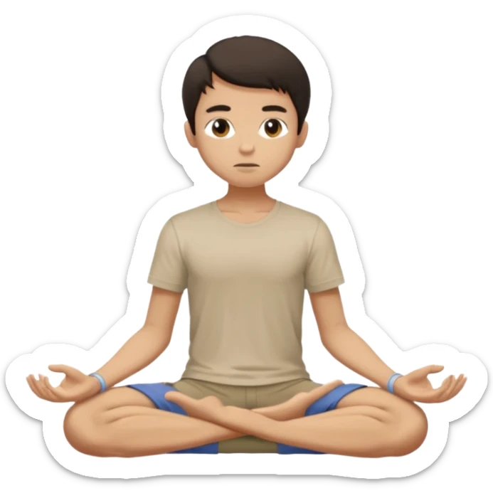 rapaz magro cabelo escuro, camiseta bege e  bermuda bege escuro, corpo inteiro meditan sticker