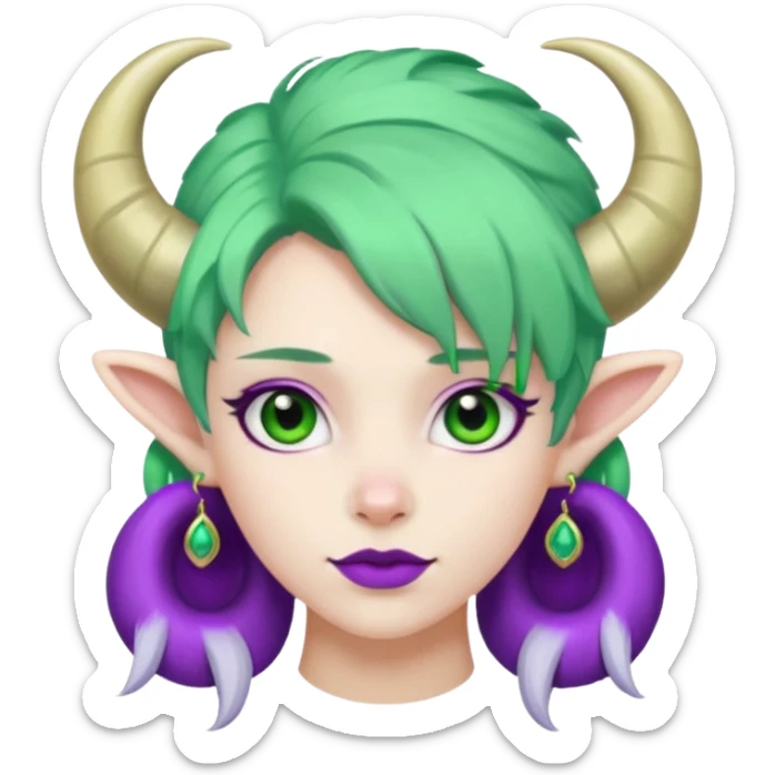 white furred unicorn with green hair and big purple earrings looking into camera and big horn and big earrings sticker