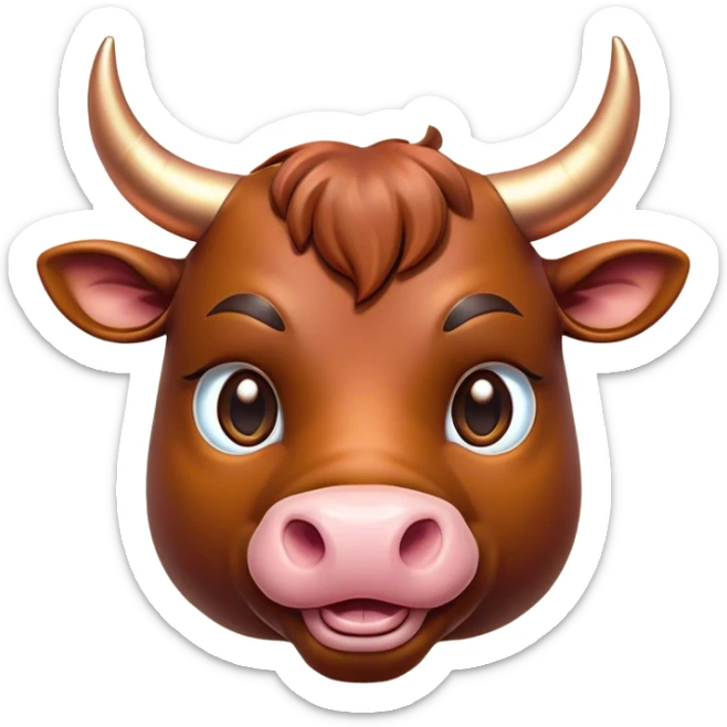 Cinematic Cute Domestic Bull Portrait Emoji, Head tilted playfully and inquisitively, with a sturdy, compact build and a smooth, polished coat of rich copper and brown hues accentuated by gently curved horns, round, sparkling eyes full of curious determination, Simplified yet irresistibly adorable features, highly detailed, glowing with a warm, friendly glow, high shine, affectionate and spirited, stylized with a touch of rustic charm, soft glowing outline, capturing the essence of a mischievous yet loving domestic bull that feels like it could trot out of the screen and into your arms! sticker