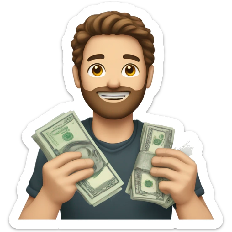 A sticker of a guy with brown hair and a beard holding money in his hands sticker