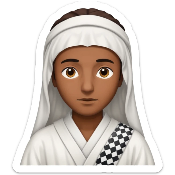 Una persona morena que solo se le vea la cara con una bata de arabe en la cara color blanco con cuadros negros sticker