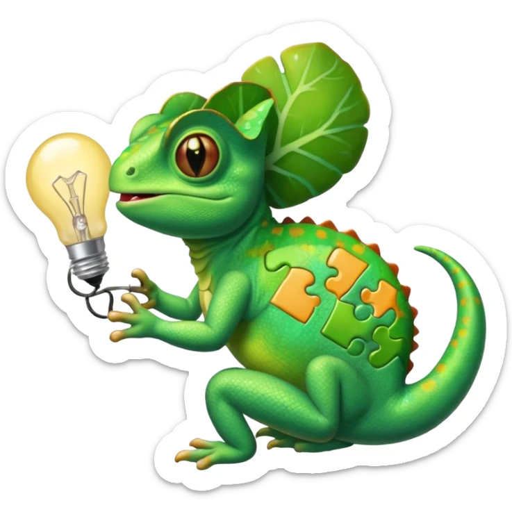 cameleon qui tien une piece de puzzle dans une main et une ampoule dans l'autre et un cerveau sur la langue sticker